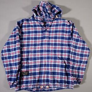 Vermont Flannel Co Hooded Pullover‎ Unisex Small Blue Red Plaid Flannel Anorak